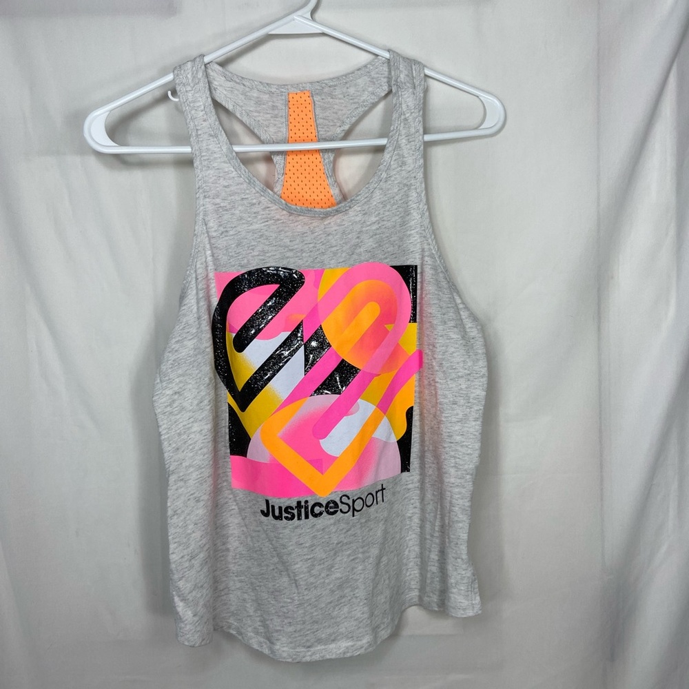NWOT Justice girl’s light gray neon decal heart racerback active tank top large